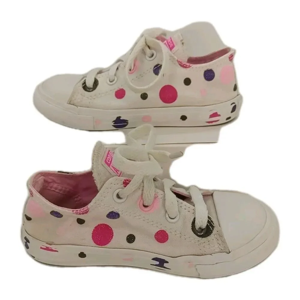 Converse All Star Polka Dot Junior Size 9 Low Top Shoes White Pink Sneakers
